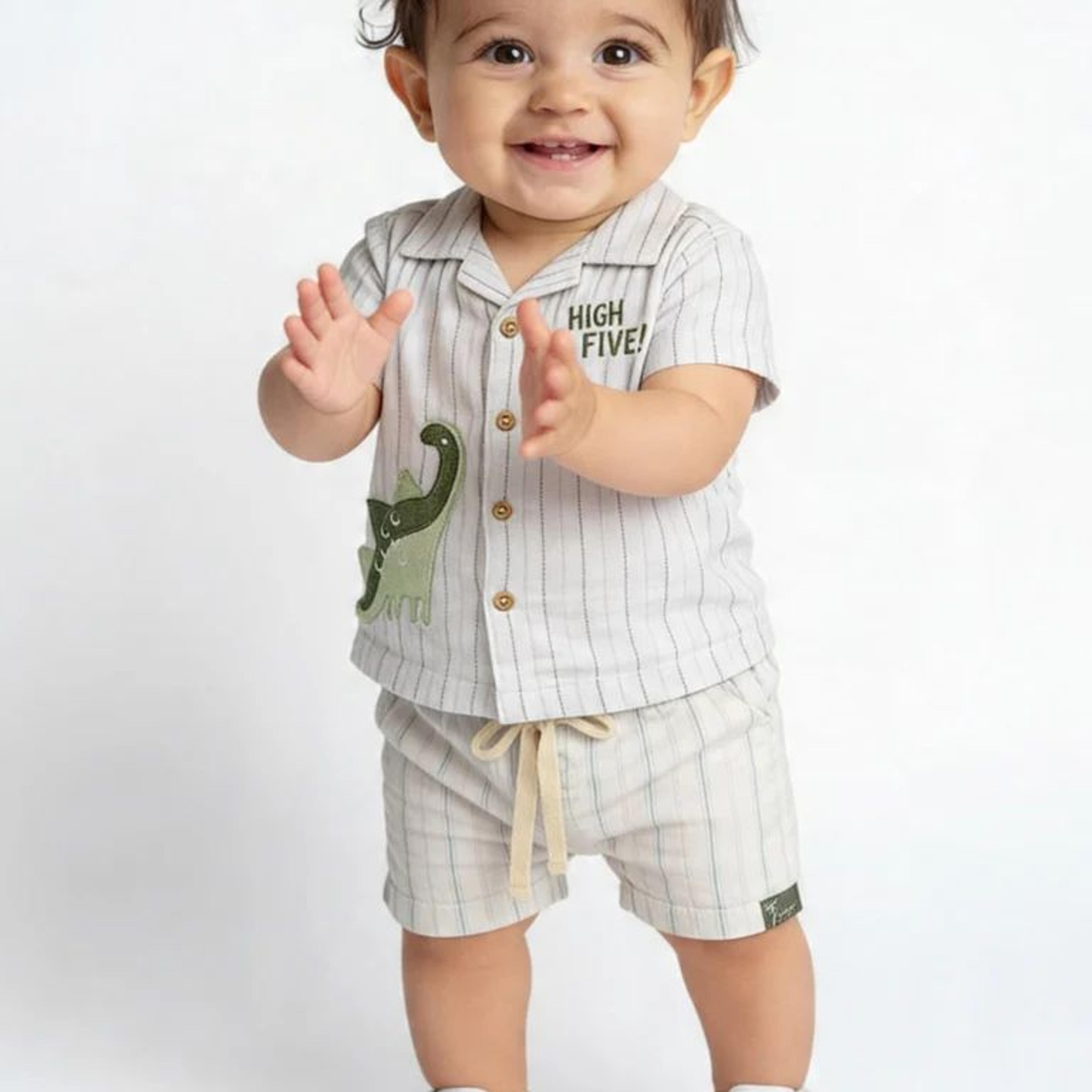 HOP Baby Boys White Striped Cotton Shirt and Shorts Set