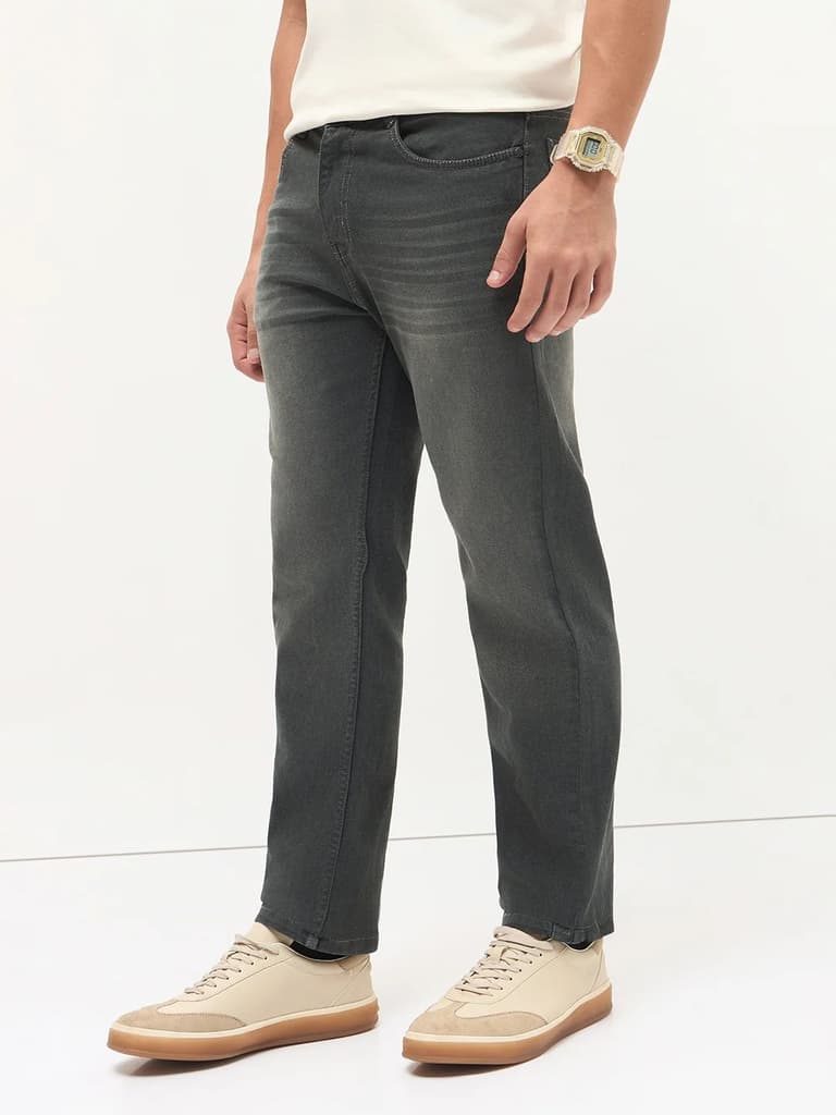 Men's Dark Grey Regular Fit Whisker Wash Yellow Tint Denim Jeans Stretchable — photo 3