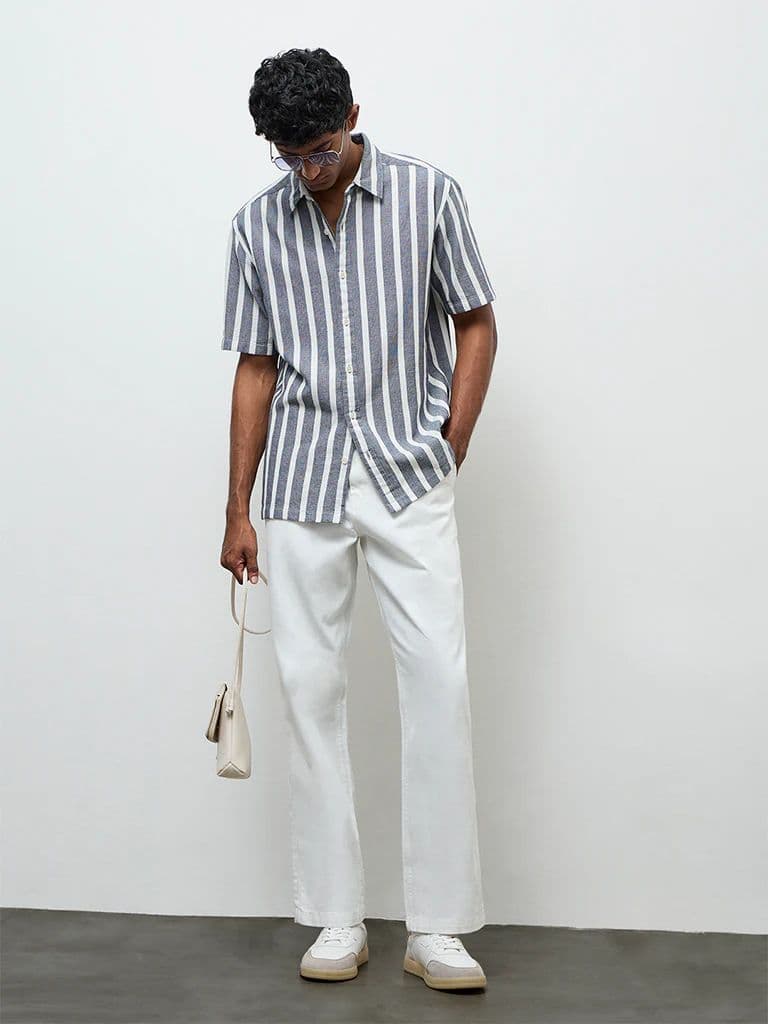 WES Casuals Navy Striped Relaxed Fit Cotton Shirt — photo 2