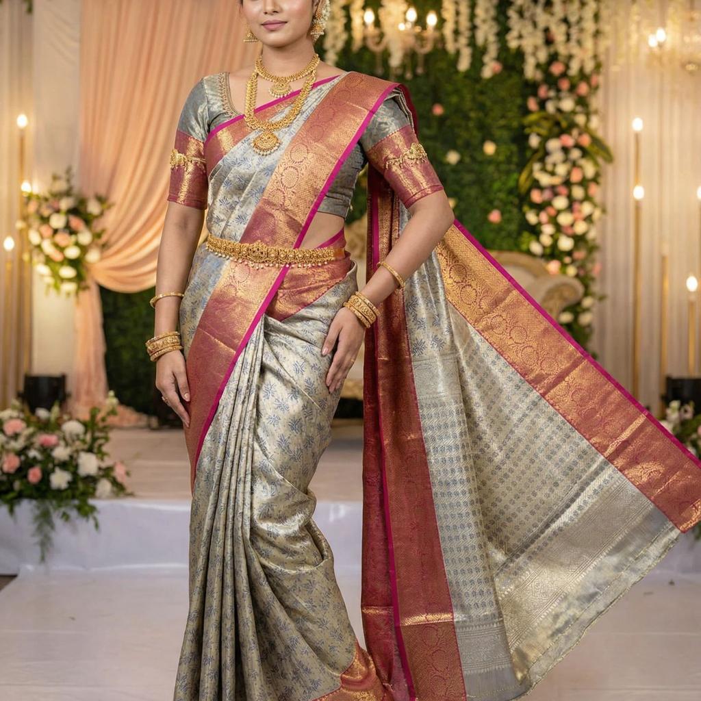 MIMOSA Women's Woven Design Kanjivaram Style Art Silk Saree with Blouse Piece - Navy Blue (SA00002477NVFREE)