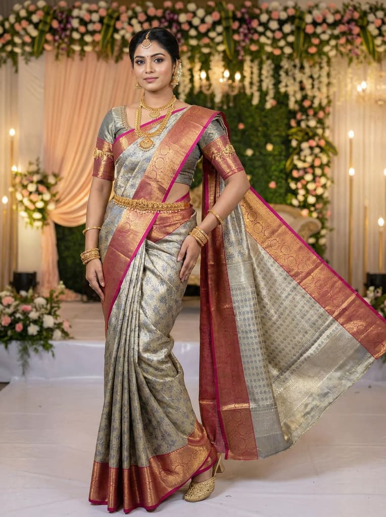 MIMOSA Women's Woven Design Kanjivaram Style Art Silk Saree with Blouse Piece - Navy Blue (SA00002477NVFREE) — Default Title