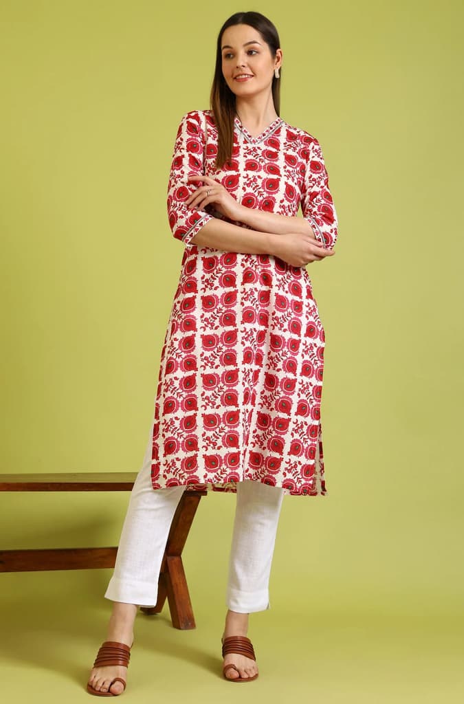 Floral Printed Straight Pure Cotton Kurta with Border Patch — photo 2