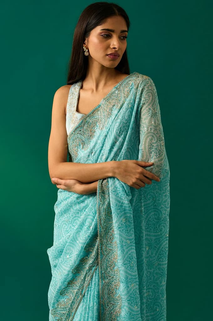 Light Blue Floral Printed Embroidered Zari Work Net Saree with Unstitched Blouse — photo 2