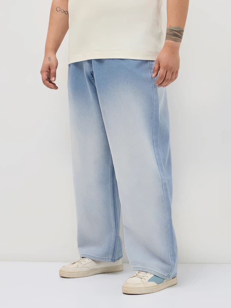 Plus Men's Ice Blue Loose Baggy Fit Heavy Washed Faded Denim Jeans Non-Stretchable — photo 2