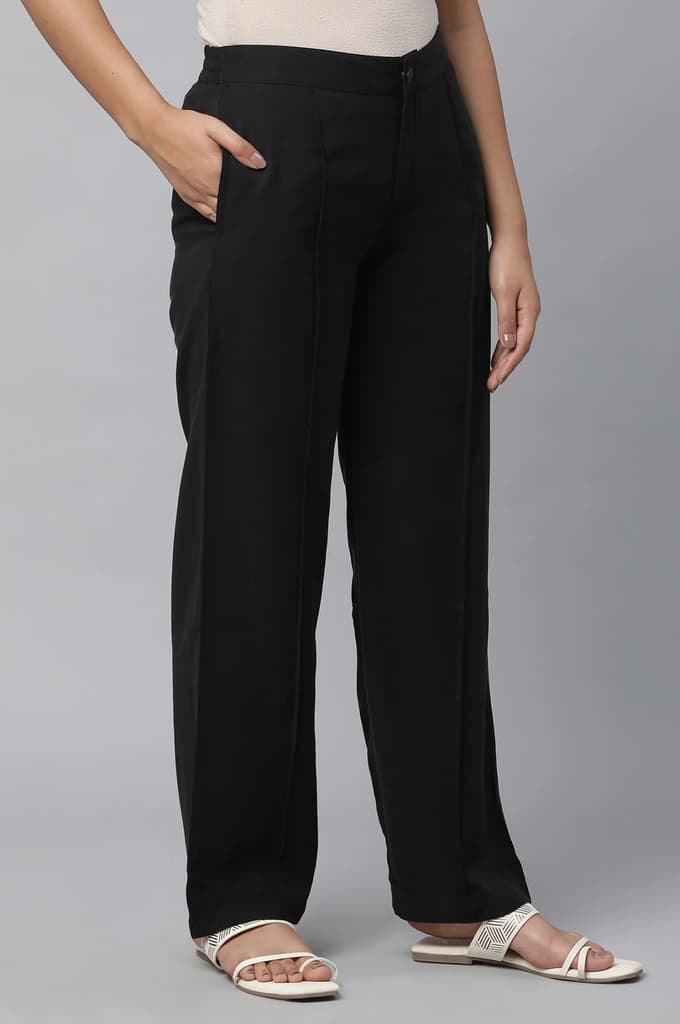 Black Solid Straight Fit Woven Pants With Pintuck Detail — photo 4