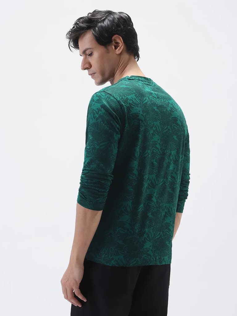 Men's Slim Fit Dark Green Printed Full Sleeve T-Shirt — photo 4