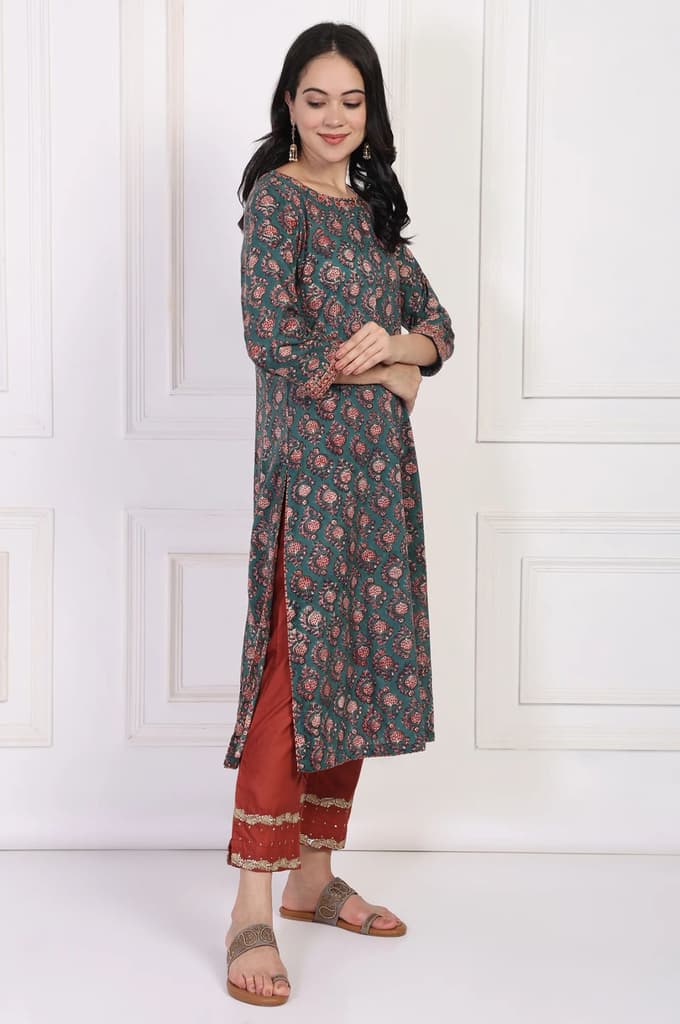 Green Floral Block Printed Embroidered A-Line Cotton Kurta — photo 6