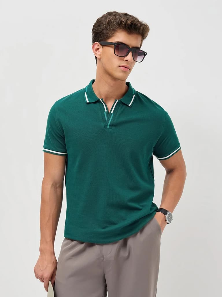 Men's Teal Green Solid Regular Fit Half Sleeve Cotton Polo T-Shirt — S / Teal Green