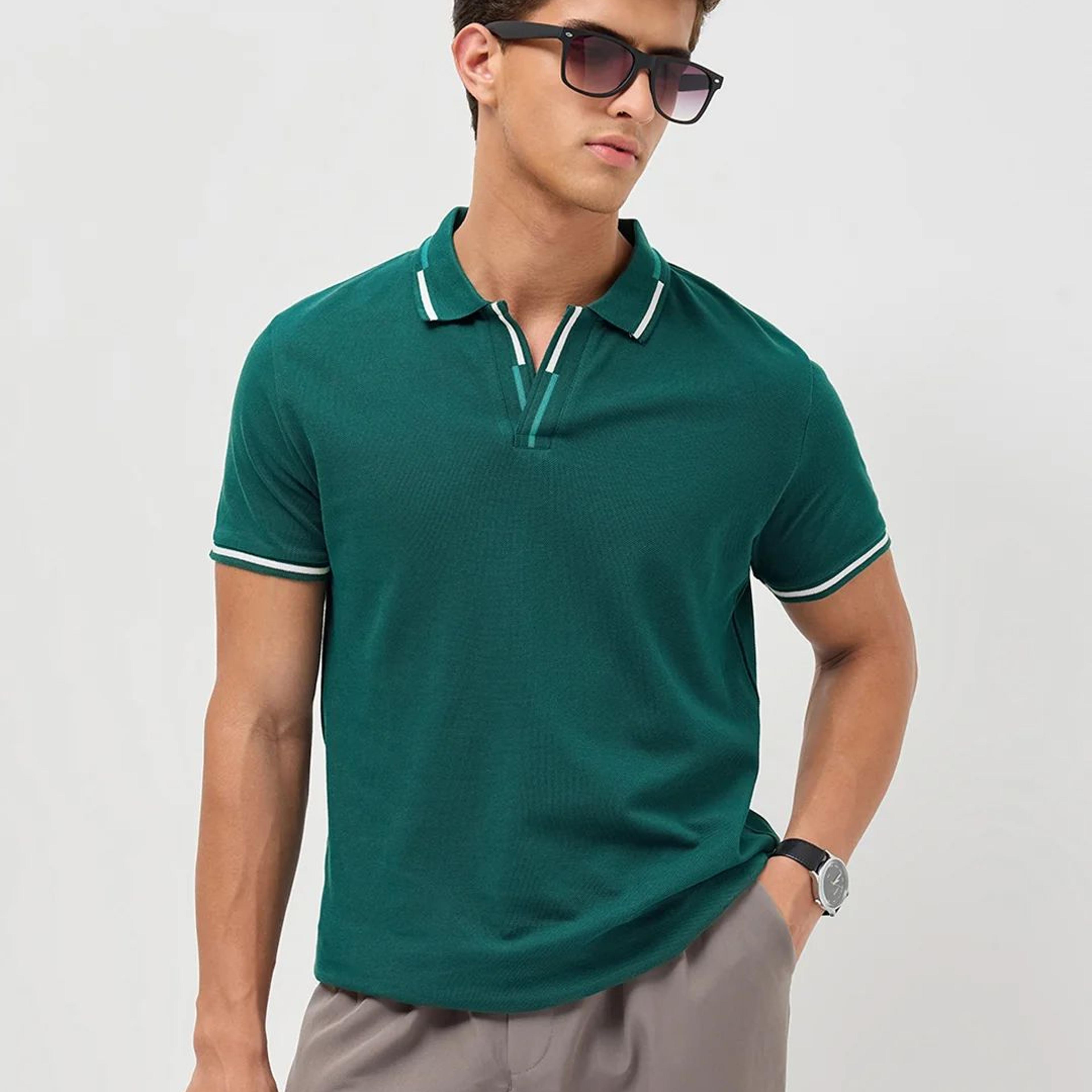 Men's Teal Green Solid Regular Fit Half Sleeve Cotton Polo T-Shirt