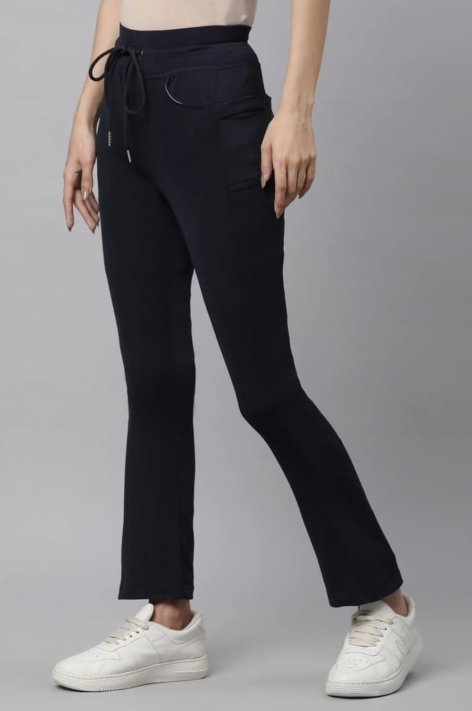Navy Blue Solid Boot Cut Pants With Drawstring — photo 2