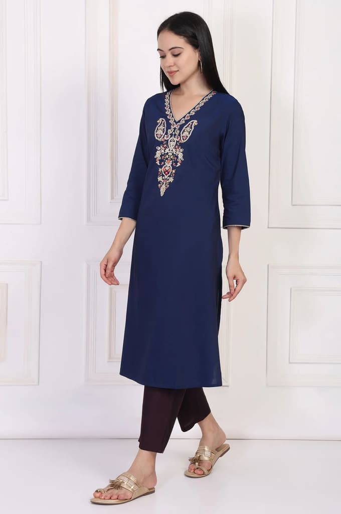 Navy Blue Embroidered A-Line Rayon Kurta — photo 4