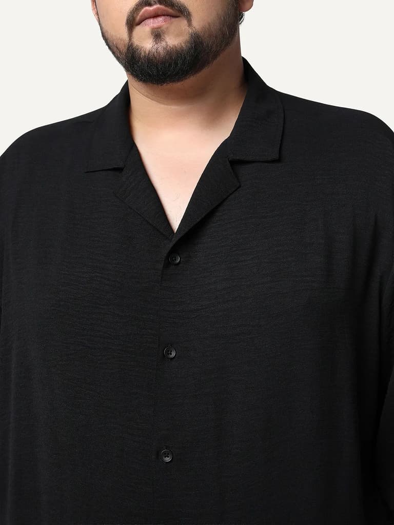 Plus Men's Black Cotton Half Sleeve Relaxed Fit Textured Shirt with Cuban Collar — photo 5