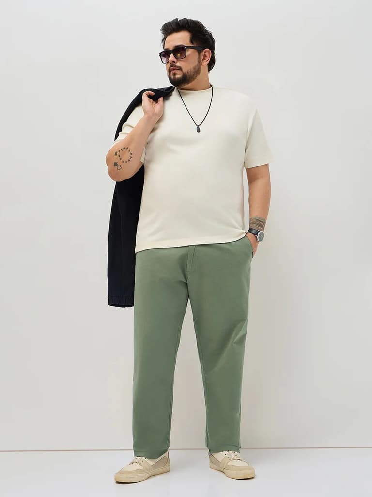 Plus Men's Sage Green Straight Fit Mid Rise Cotton Casual Chinos Trousers Stretch — photo 4