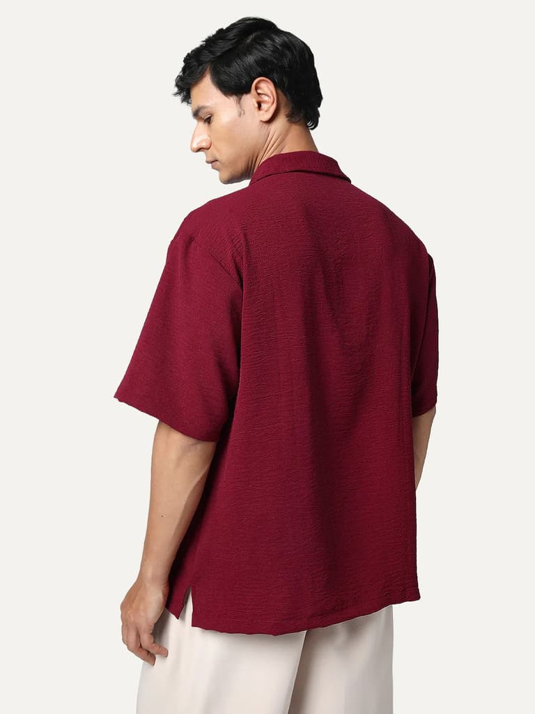 Men's Red Cotton Half Sleeve Relaxed Fit Textured Shirt with Cuban Collar — photo 3