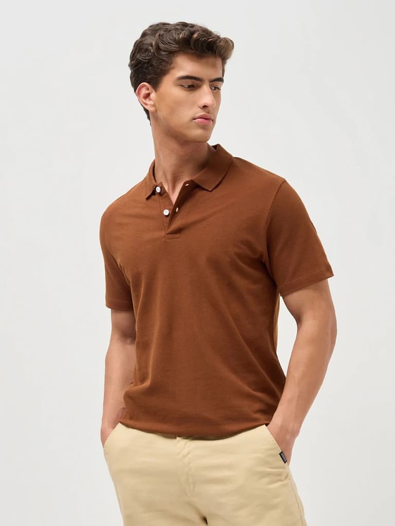 Men's Chocolare Brown Solid Regular Fit Half Sleeve Cotton Polo T-Shirt — photo 2