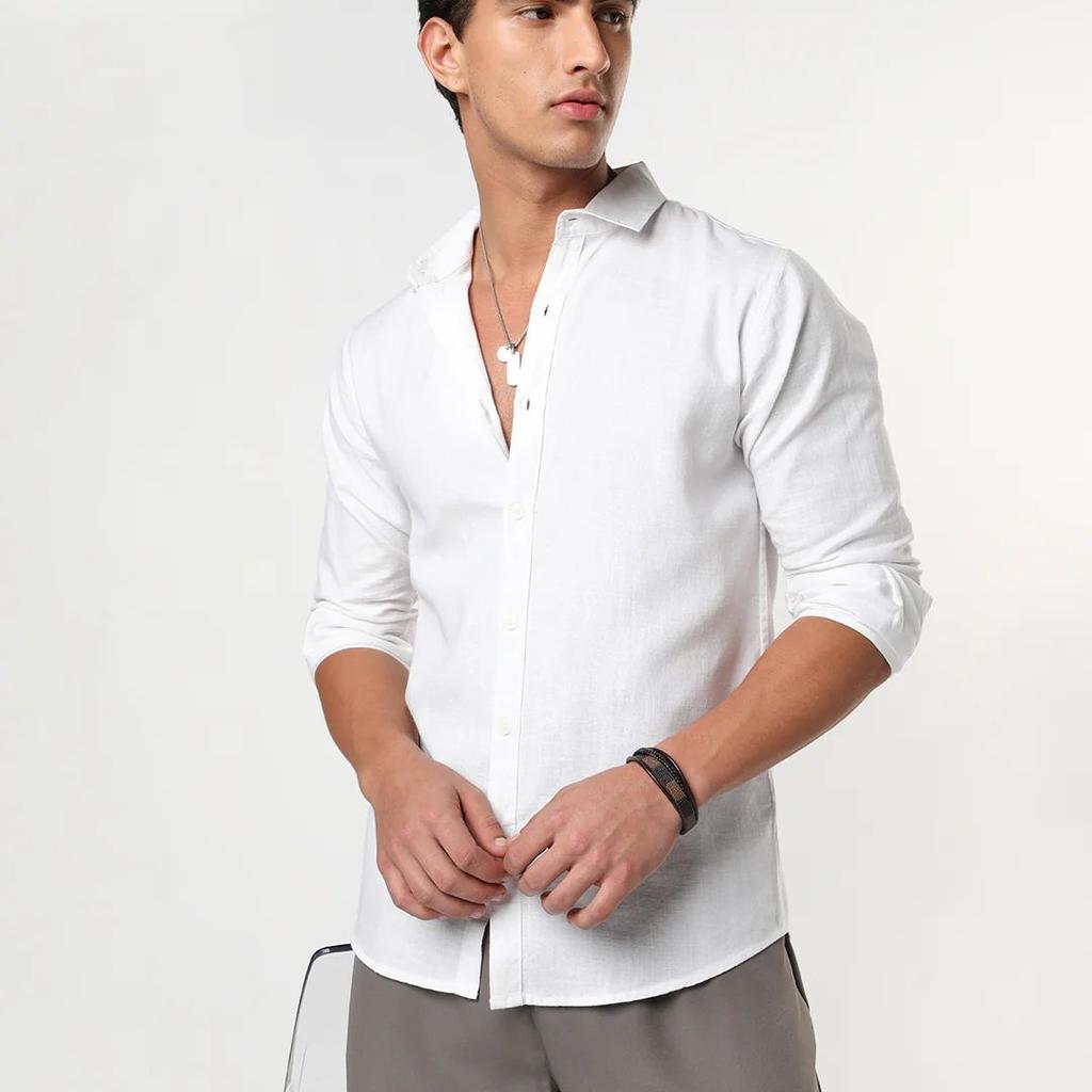 Men's White Linen Blend Full Sleeve Relaxed Fit Casual Solid Shirt