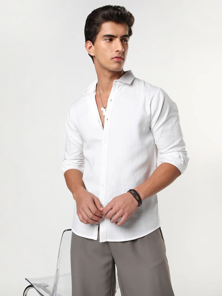 Men's White Linen Blend Full Sleeve Relaxed Fit Casual Solid Shirt — S / White
