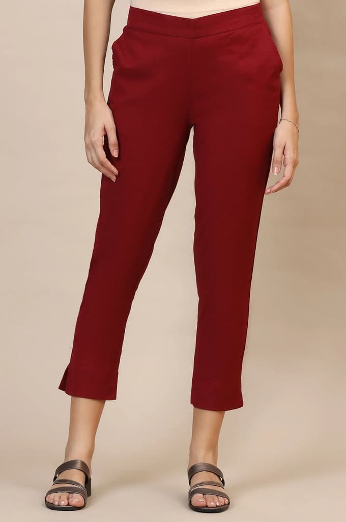 Maroon Solid Straight Fit Cotton Trousers With Elasticated Waist — photo 2
