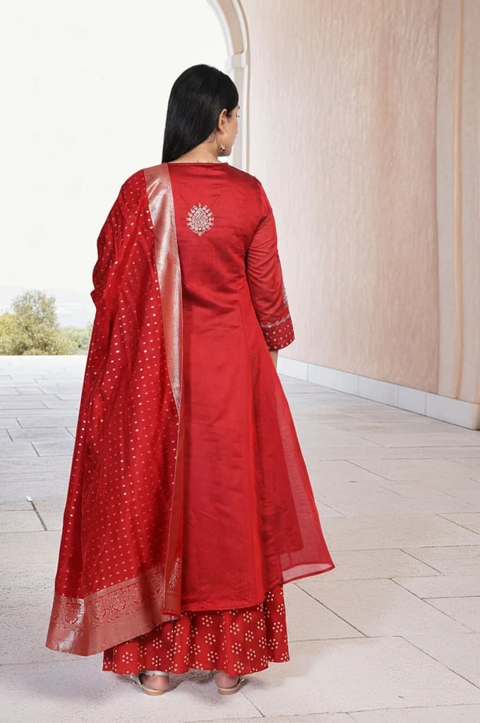 Red Embellished Flared Kurta with Sharara and Dupatta Set — photo 5