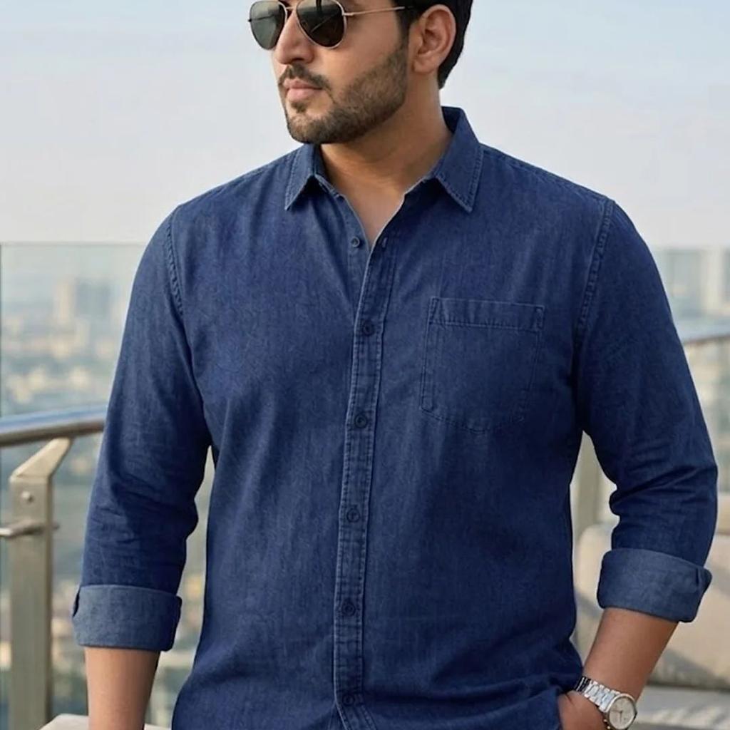 Plus Men's Dark Blue Regular Fit Full Sleeve Washed Denim Shirt