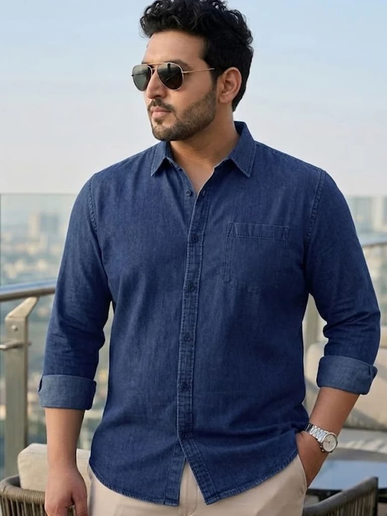 Plus Men's Dark Blue Regular Fit Full Sleeve Washed Denim Shirt — XXL / Dark Blue