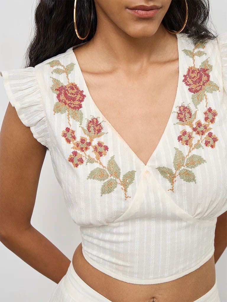 Bombay Paisley Off-White Floral Embroidered Cotton Top — photo 3