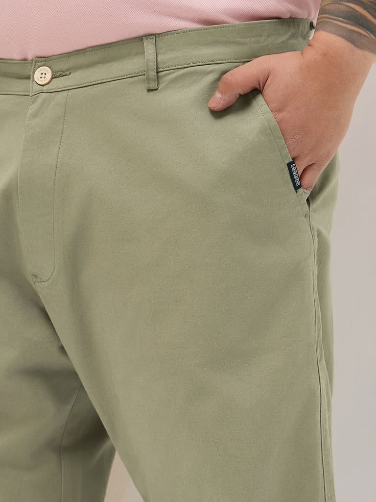 Plus Men's Light Olive Straight Fit Mid Rise Cotton Casual Chinos Trousers Stretch — photo 5