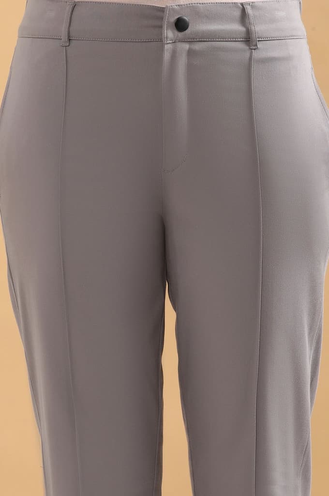 Grey Solid Straight Fit Cotton Pants With Pintuck Detail — photo 6