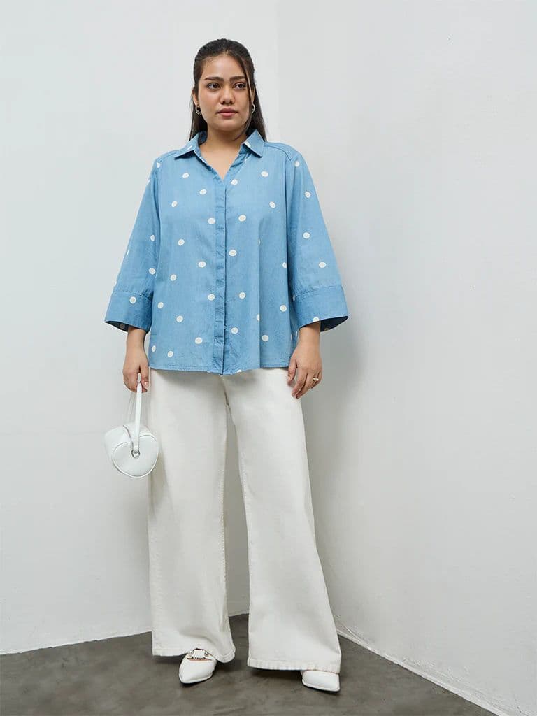 Gia Light Blue Polka-Dot Printed Cotton Shirt — photo 2