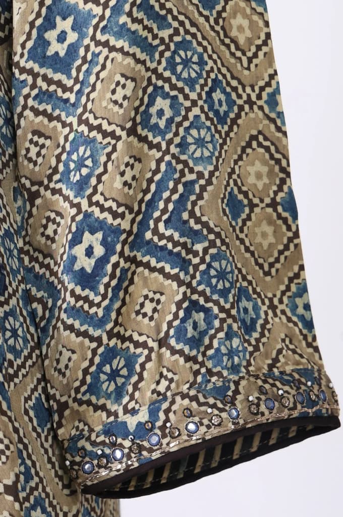 Beige Ajrak Printed Mirror Work Modal Satin Straight Kurta — photo 7