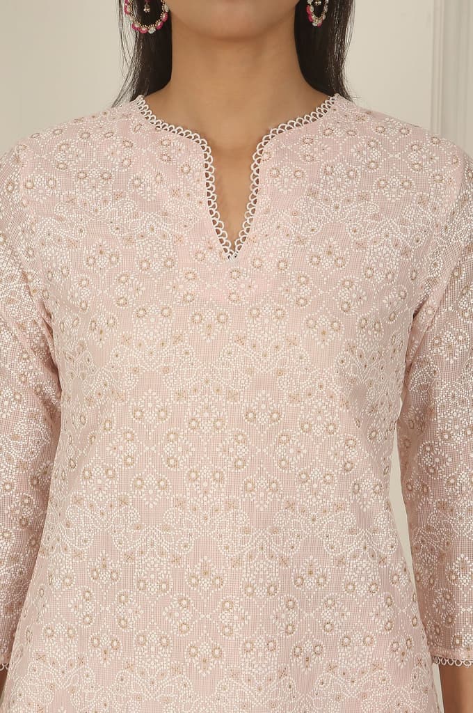 Pastel Pink Khadi Printed Kota Straight Kurta — photo 4
