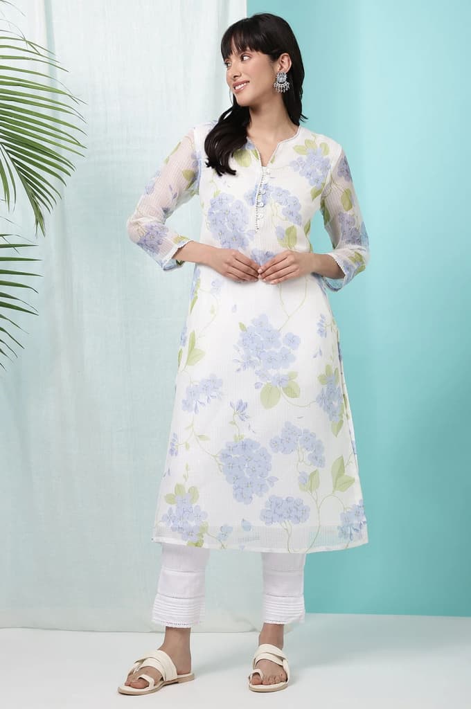 White Floral Printed Kota Straight Kurta — photo 2