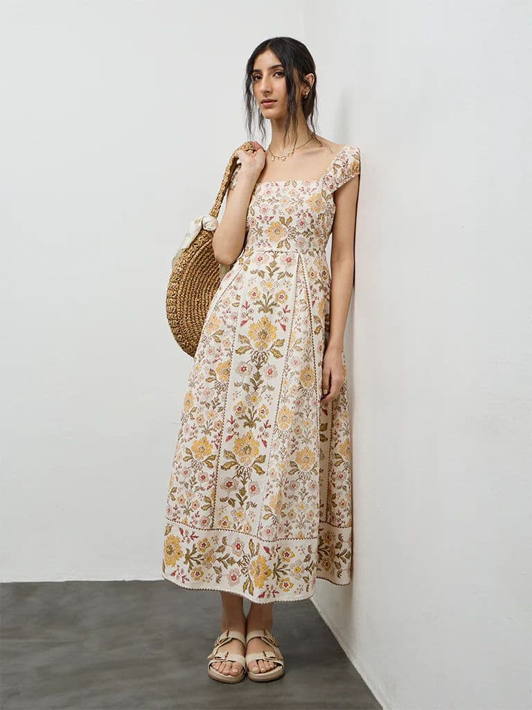 Bombay Paisley Beige Floral Printed Cotton A-Line Dress — photo 2