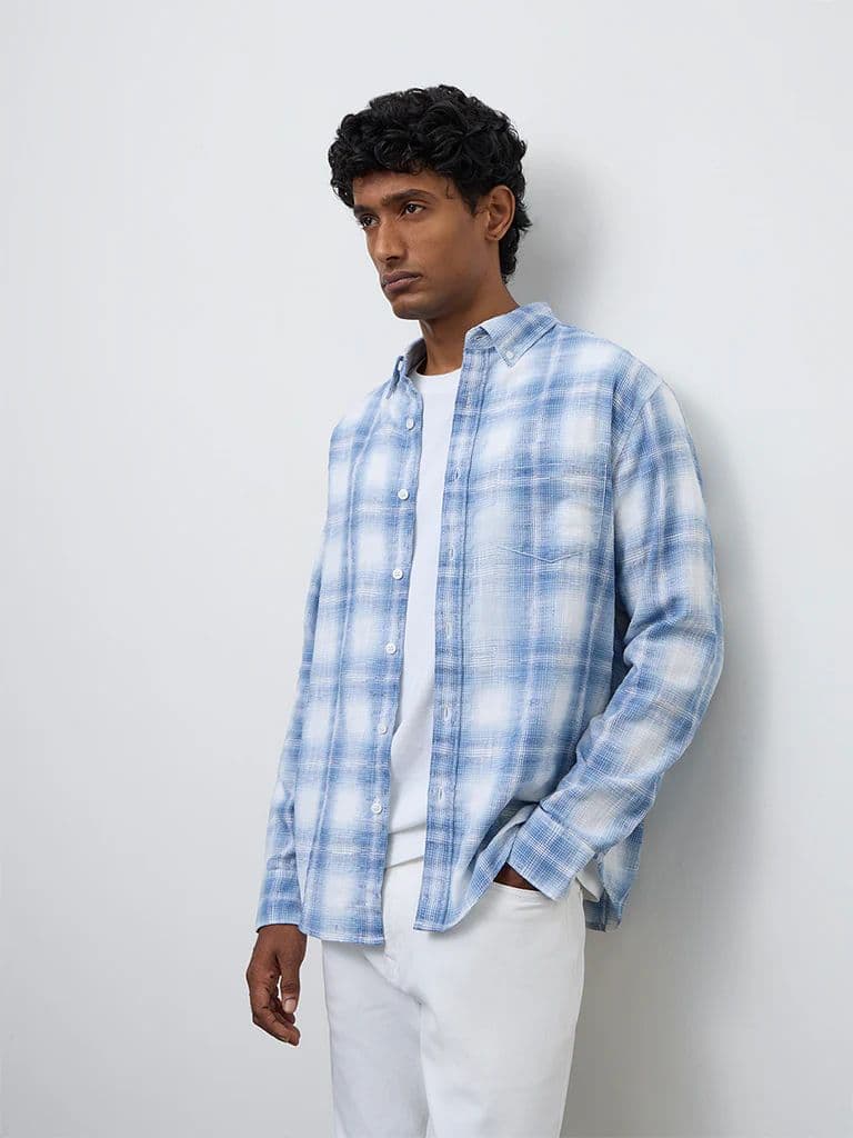 WES Casuals Blue Checkered Relaxed-Fit Cotton Shirt — photo 2