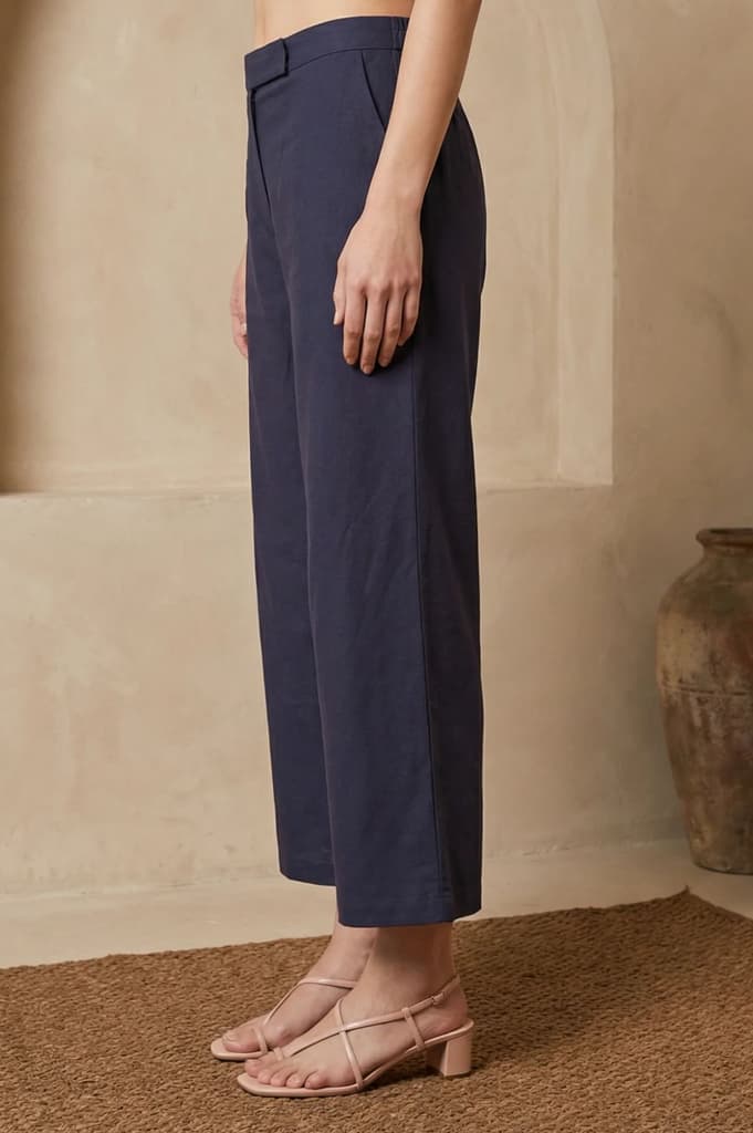 Navy Blue Solid Wide Leg Ankle Length Pants — photo 2