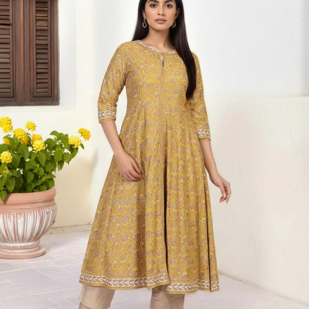 Mustard Floral Printed Anarkali Rayon Kurta