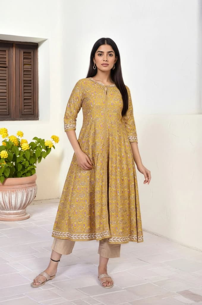 Mustard Floral Printed Anarkali Rayon Kurta — XS