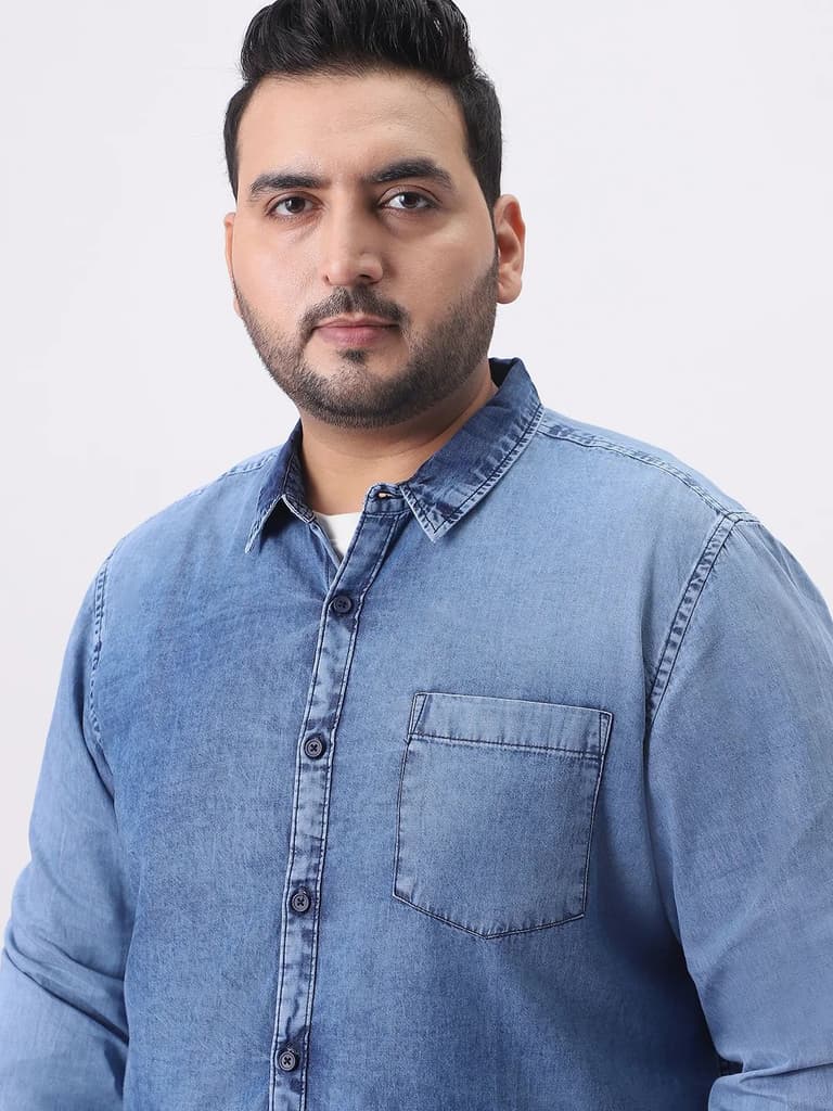 Plus Men's Light Blue Regular Fit Full Sleeve Washed Denim Shirt — photo 5