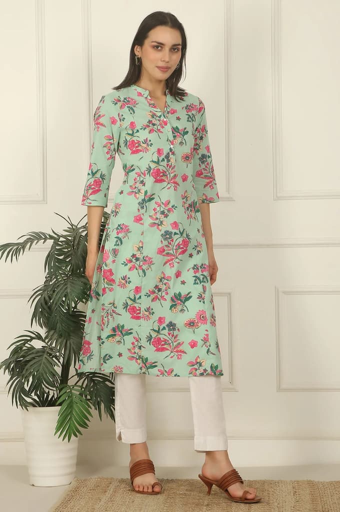 Mint Green Floral Printed Cotton Straight Kurta — photo 7