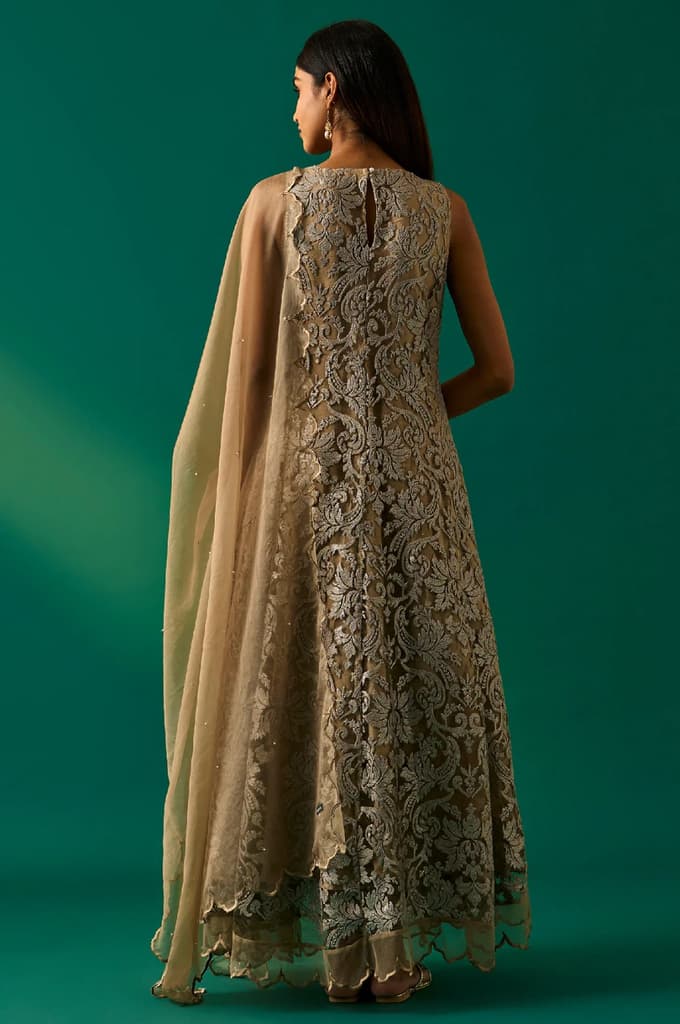Beige Embroidered Anarkali Dress with Churidar and Dupatta Set — photo 4