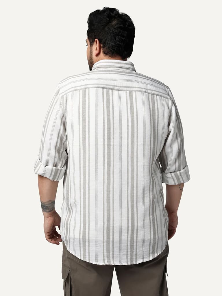 Plus Men's Light Grey Cotton Full Sleeve Relaxed Fit Linen Striped Shirt with Spread Collar — photo 3
