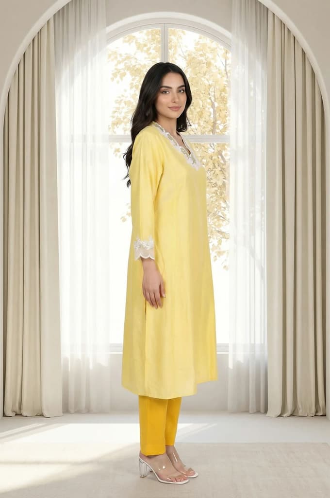 Yellow Applique Lace A-line Kurta — photo 5