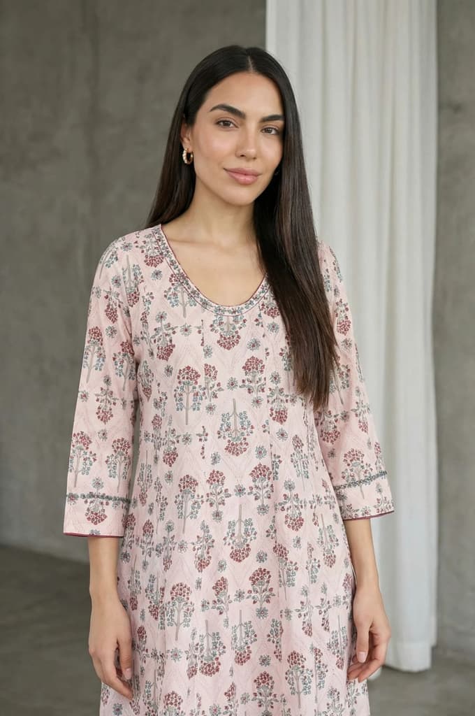 Light Pink Floral Printed Sequins Pure Cotton A-line Kurta — photo 3