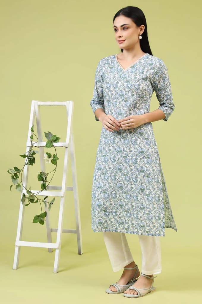 White and Blue Geometric Printed Pure Cotton Straight Kurta with Lace Detail — photo 4