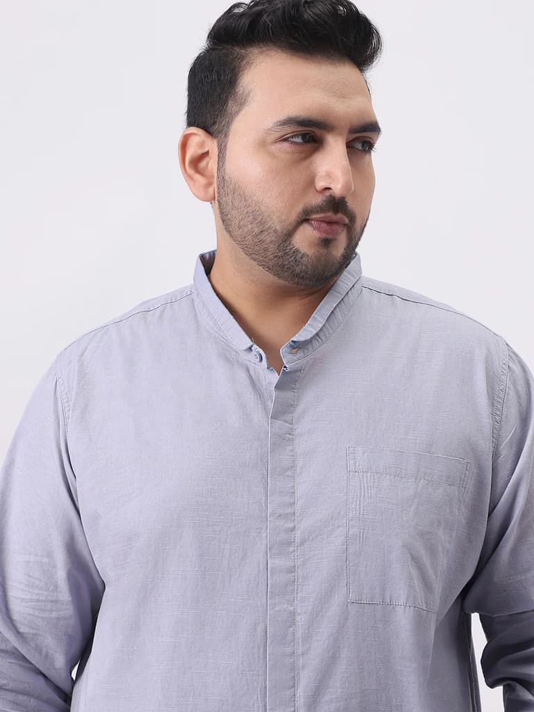 Plus Men's Lavender Cotton Full Sleeve Regular Fit Casual Solid Shirt with Band Collar — photo 5