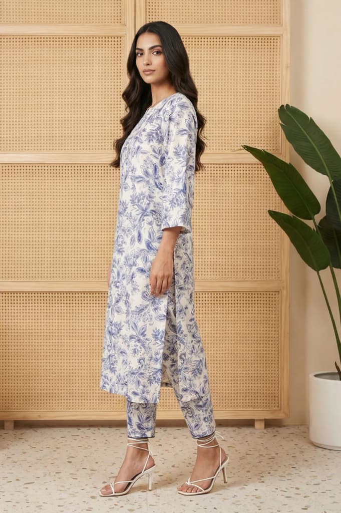 Blue Floral Printed Straight Kurta and Pants Set — photo 2