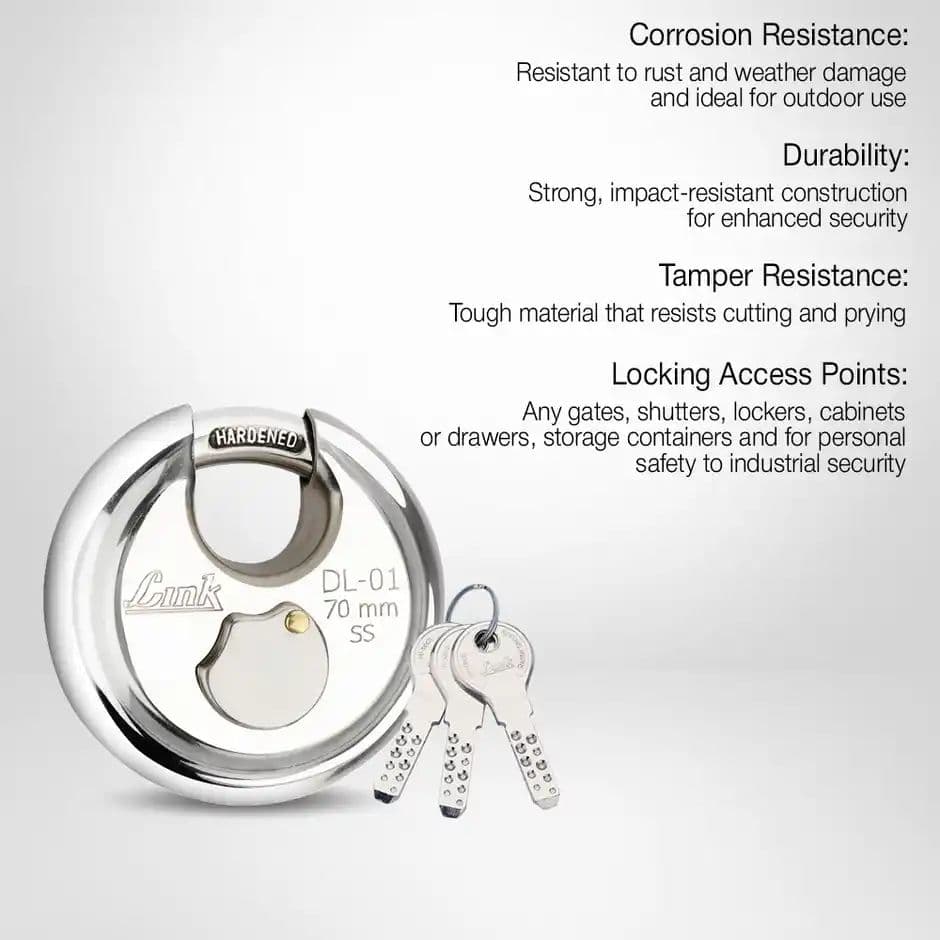 Link Stainless Steel Disc Lock DL-01 70mm with Hardened Shackle & 3 Nickel Silver Keys — photo 2
