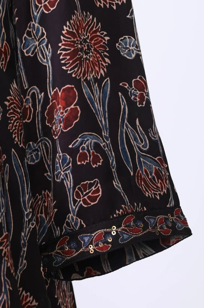 Brown Block Printed Sequins Satin Straight Kurta — photo 7