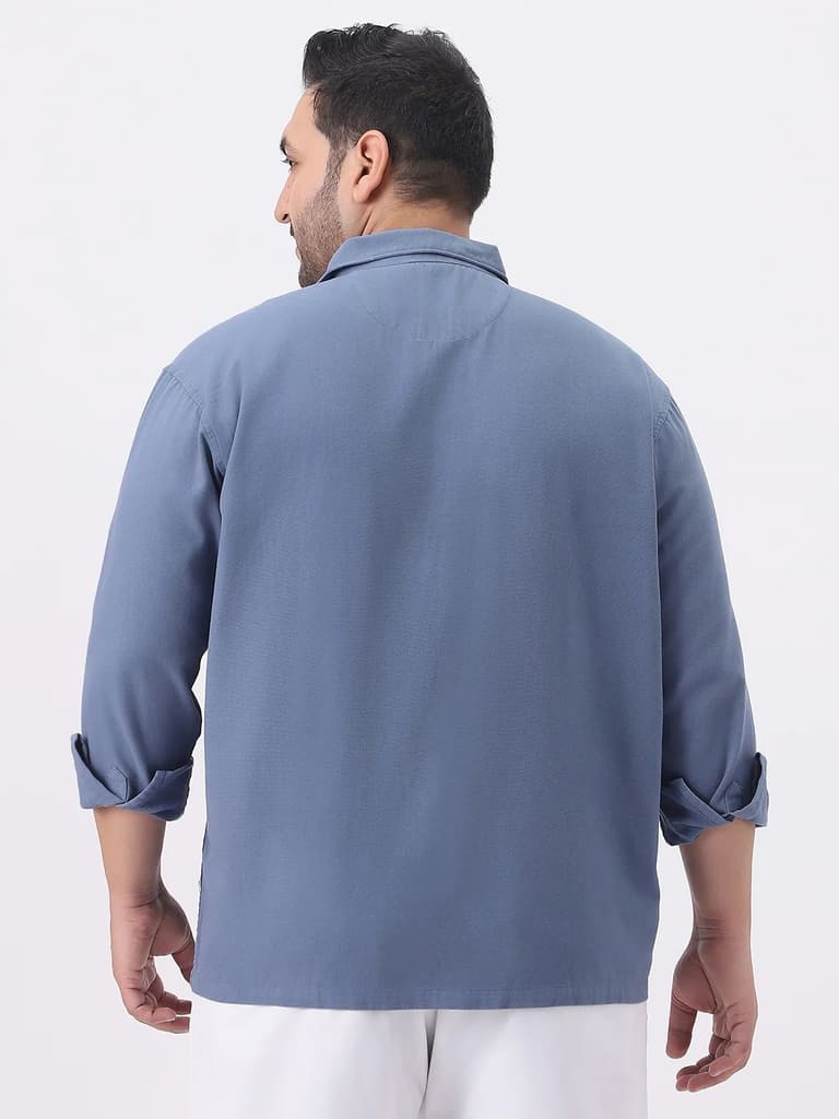 Plus Men's Blue Cotton Full Sleeve Relaxed Fit Shacket with Utility Pockets — photo 5