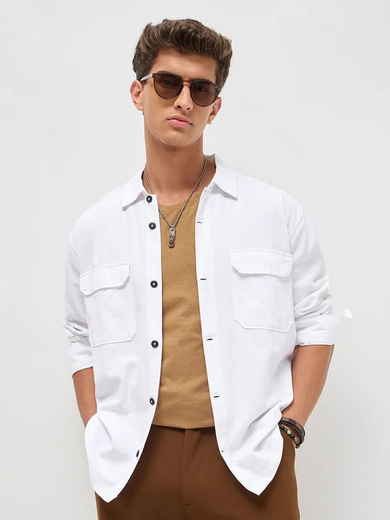 Men's White Cotton Full Sleeve Relaxed Fit Shacket with Utility Pockets — S / White